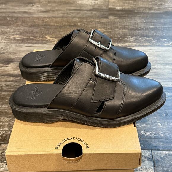 Dr. Martens Nyro Shoes Womens Size 6 Black Temperley Leather Buckle Mule NIB